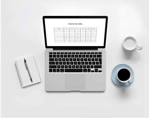 Open laptop displaying a merit matrix table beside coffee and notebook on a white desk.