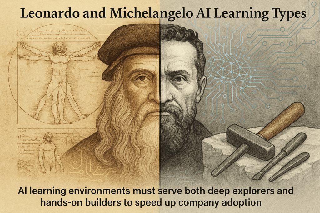 Leonardo da Vinci and Michelangelo split portrait representing conceptual thinkers and hands-on builders in AI learning environments