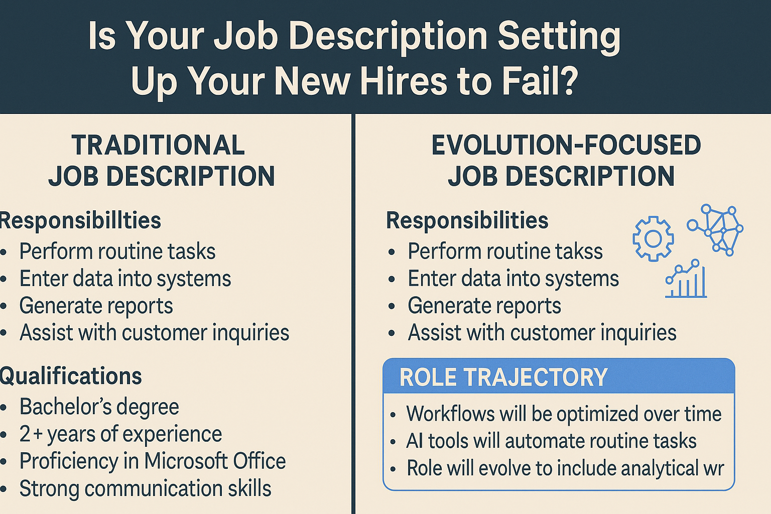 Comparison of traditional static job description versus evolution-focused job description highlighting role transformation expectations