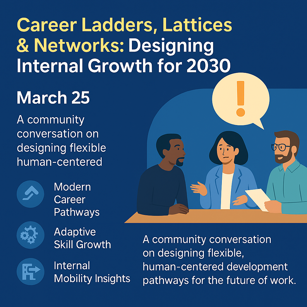 Modern career pathways image showing three professionals discussing adaptive career ladders, lattices, and internal mobility strategies for 2030.