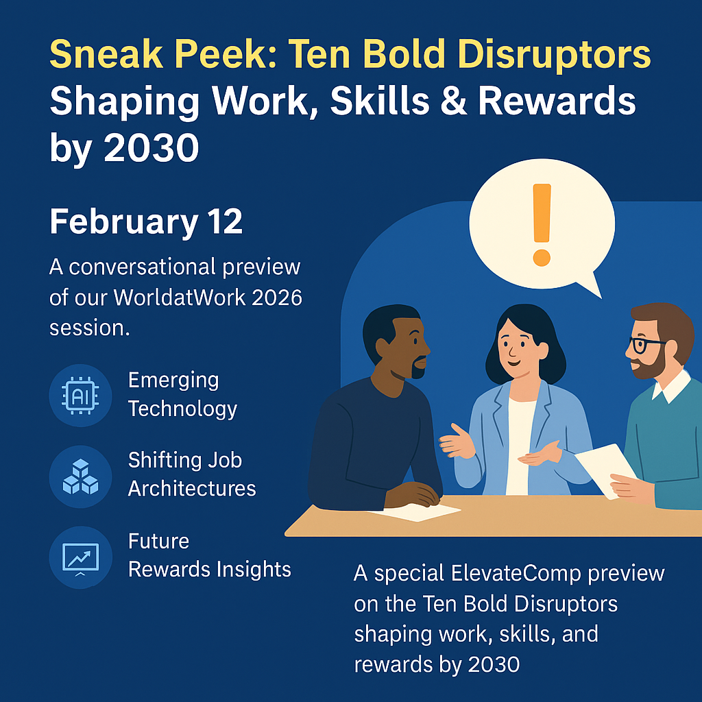 Promotional graphic for a session previewing ten future of work disruptors shaping jobs, skills, and rewards by 2030.