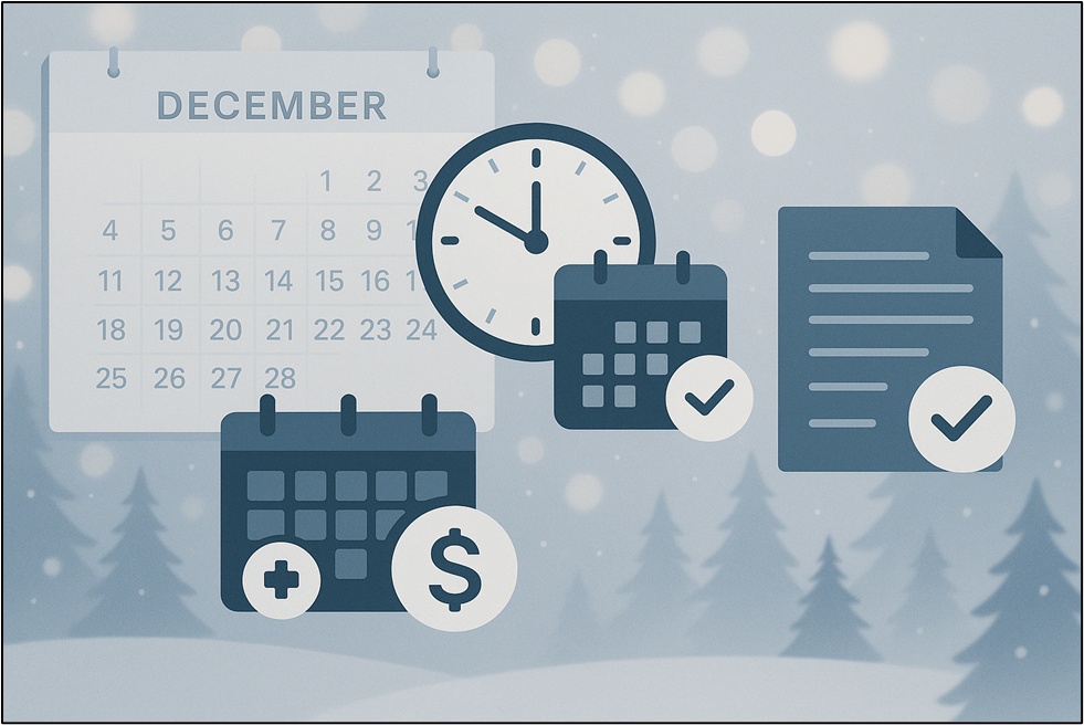 Illustration showing a December calendar, clocks, PTO icons, and policy checkmarks representing holiday time-off planning and PTO policy clarity.