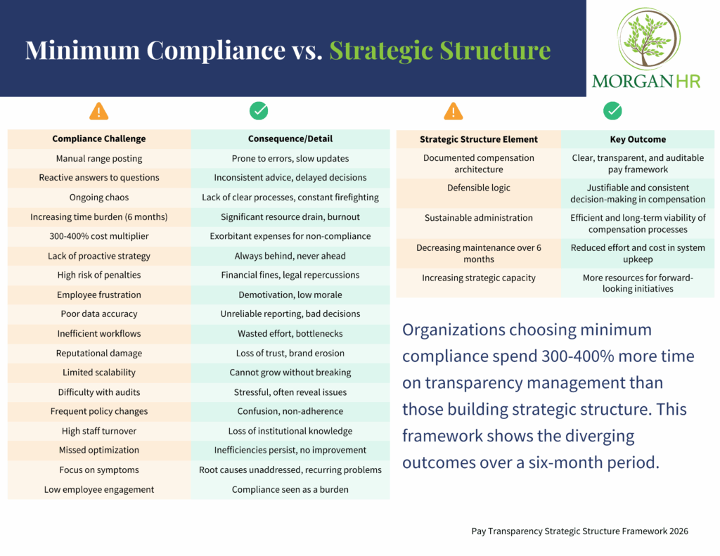 Framework comparing minimum pay transparency compliance versus strategic compensation structure building with six-month outcome projection showing 300-400% cost differential
