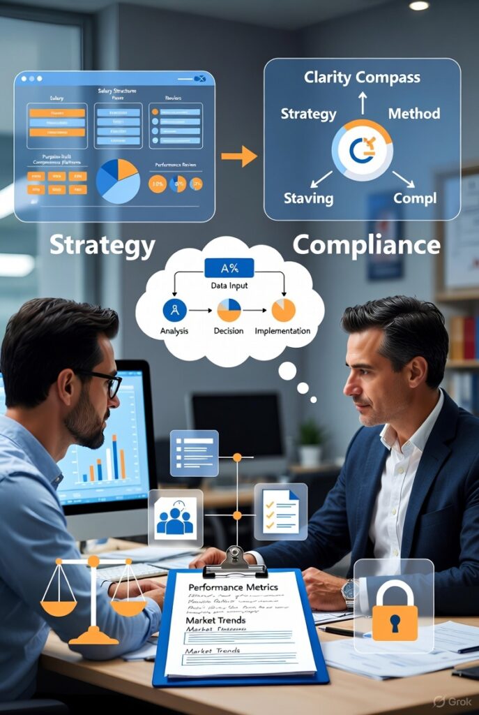Illustration of HR managers in a modern office using AI for compensation planning, balancing strategy and compliance with elements like charts, the Clarity Compass Method diagram, performance metrics clipboard, scales for equity, and lock icons for privacy.
