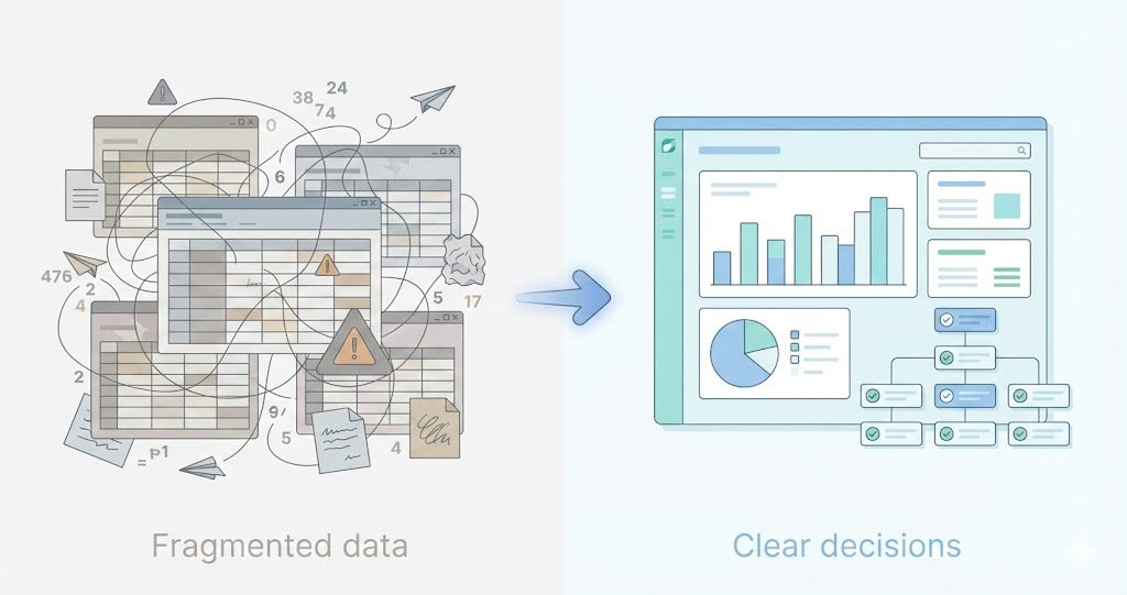 Illustration showing fragmented compensation data transforming into a clear analytics dashboard that supports informed compensation decisions