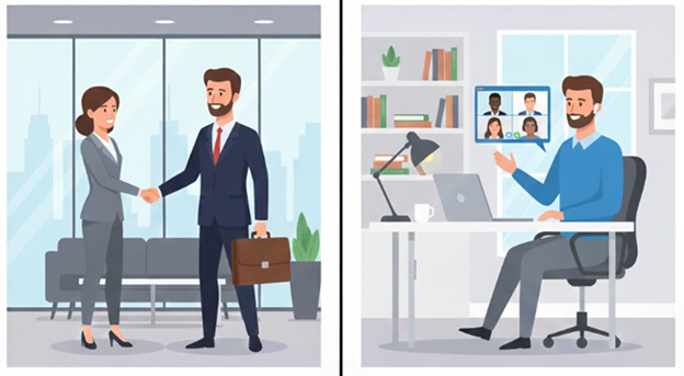outside sales exemption requirements showing traditional in-person customer meetings versus remote video conference selling from home office