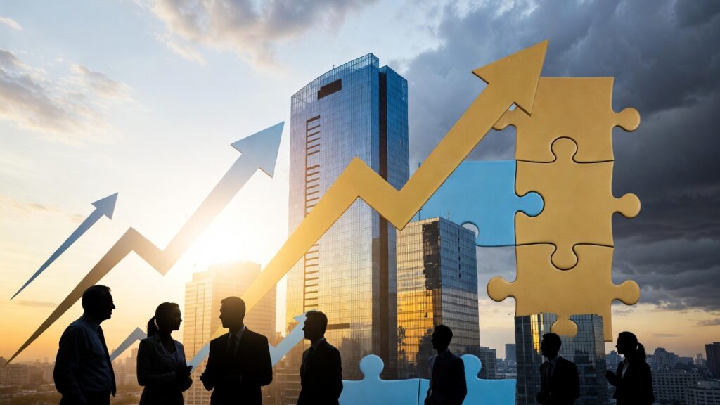 HR professionals planning 2026 compensation priorities with strategic frameworks against backdrop of economic uncertainty and dawn cityscape