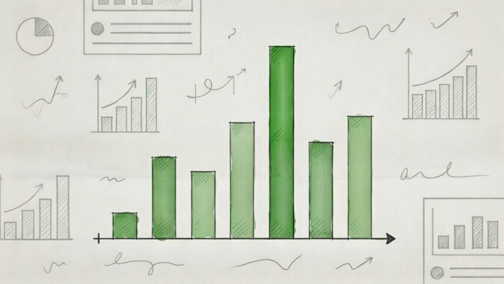 Editorial illustration of a hand-drawn bar chart in muted green tones showing salary increases, with one dramatically taller bar representing a high performer breaking through the expected pattern.
