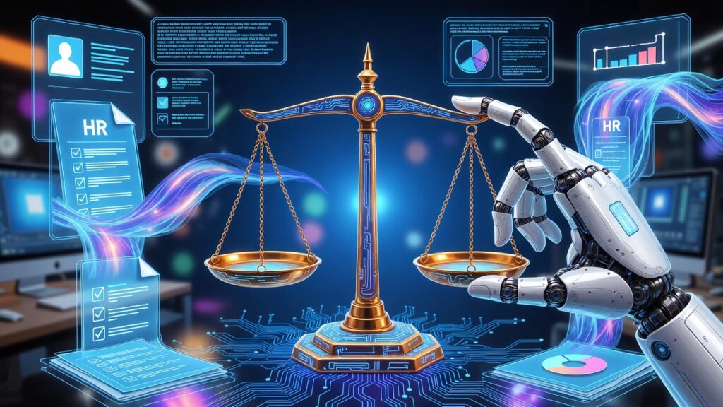 AI in Compensation: Agentic AI robotic hand balancing pay equity scale with data streams and HR documents for equitable compensation pay decisions in 2026