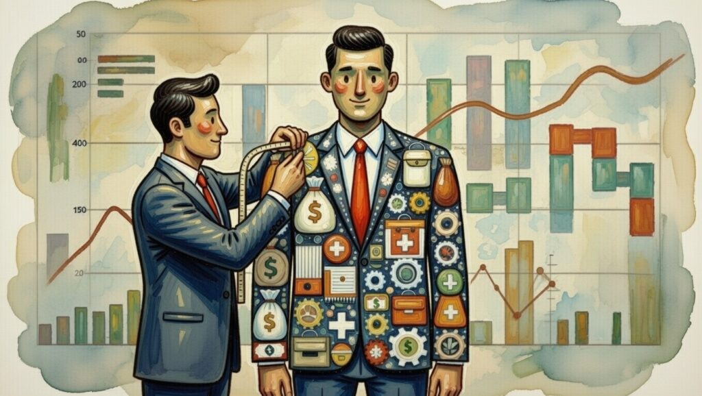 Tailor customizing benefits suit with financial wellness icons for employee retention, personalized benefits trends