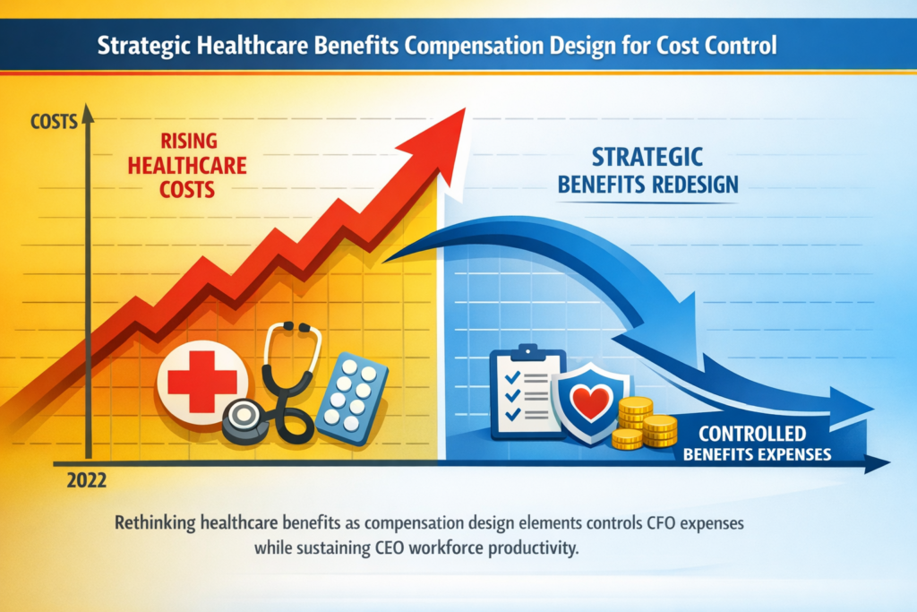 Healthcare cost graph showing strategic cost control through benefits compensation redesign with medical icons