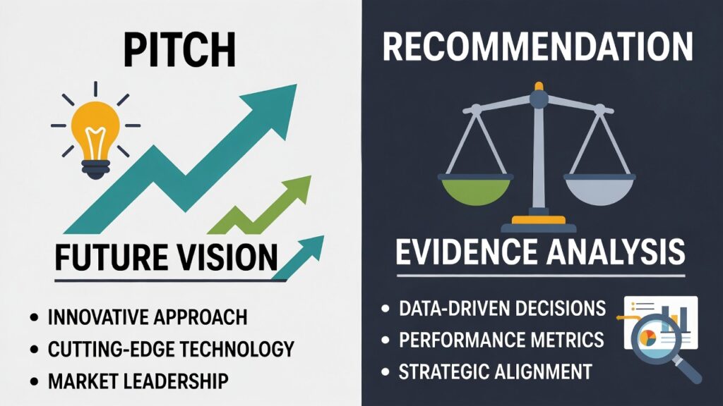 Compensation pitch recommendation comparison diagram showing visual differences between pitching transformation and recommending choices for HR leaders