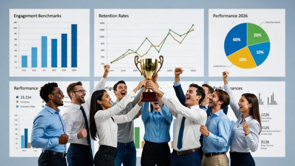 Employee engagement rewards benchmarks showing team celebrating achievements with performance charts