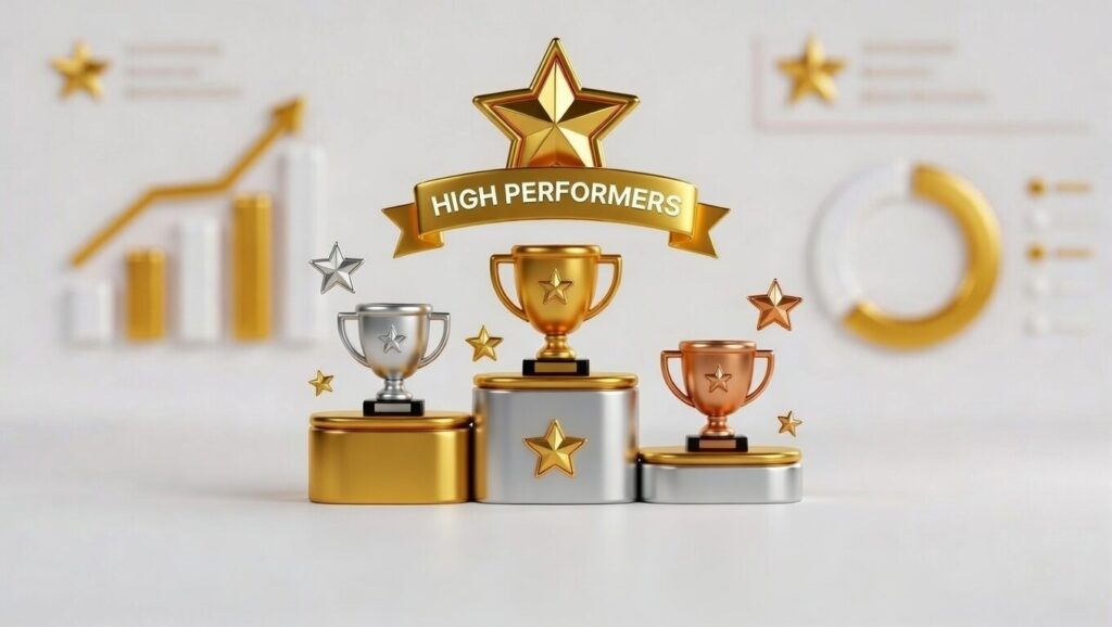 High-performer differentiation podium with gold silver bronze trophies merit stars and budget performance graphs