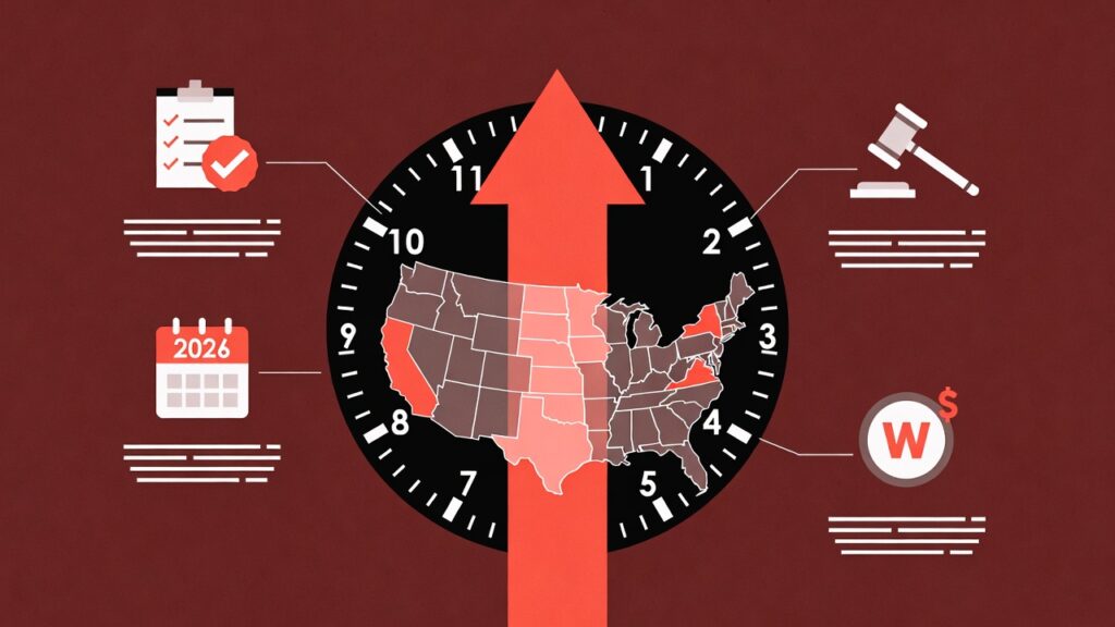 Infographic showing upward arrow on clock face overlaid with U.S. map showing 2026 minimum wage increases by state, with calendar, gavel, and wage icons
