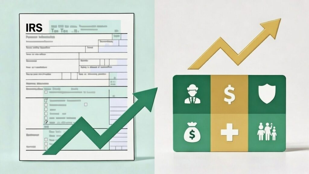 2026 tax changes in compensation diagram showing IRS form converting to optimized benefits with savings icons