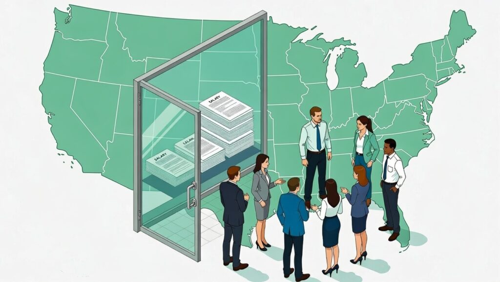 Pay transparency compliance map showing 2026 salary disclosure regulations across sixteen states plus Washington DC with HR professionals reviewing compensation ranges