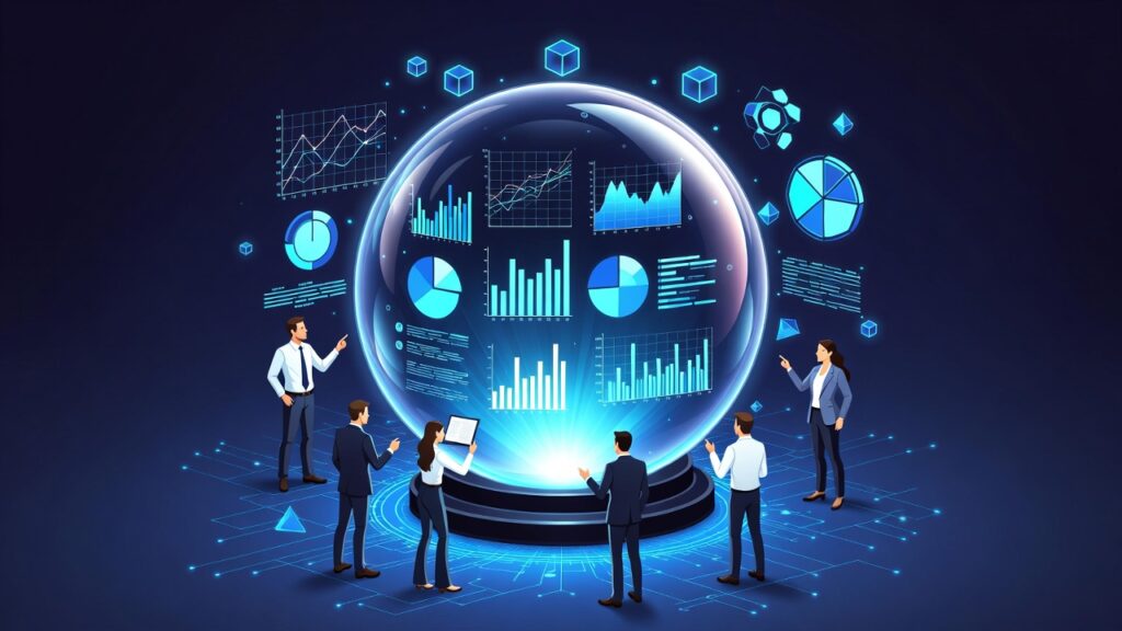 HR professionals analyzing workforce analytics compensation forecasting data displayed in holographic dashboard with predictive charts, graphs, and trend visualizations in glowing blue