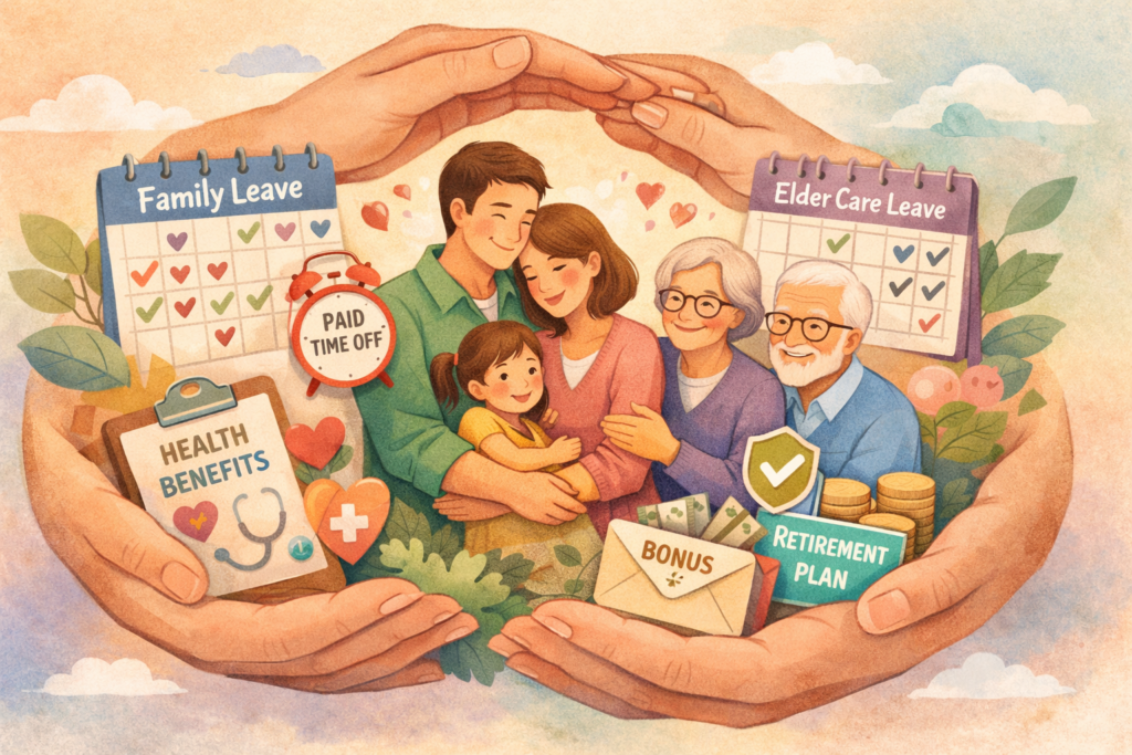 Caregiving hands encircling family members with leave calendars and benefits packages illustrating caregiving compensation trends