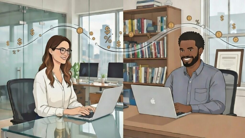 Flexible work compensation planning with HR professionals using laptops in hybrid office environment with dollar signs and percentage symbols flowing between workspaces