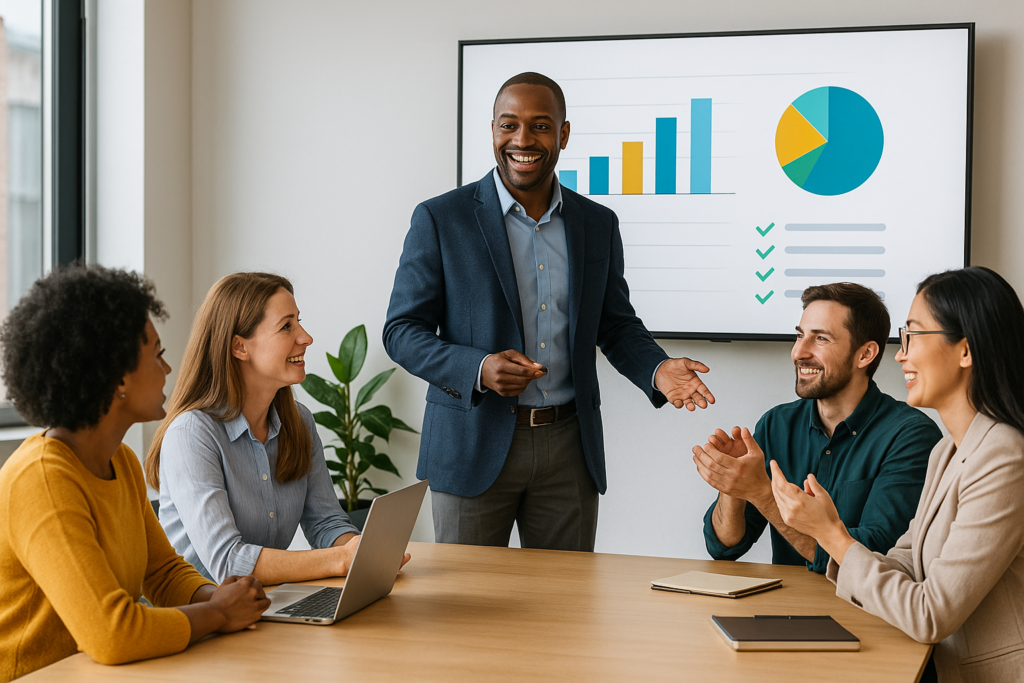 Business leader facilitating employee engagement discussion with diverse team in modern office setting