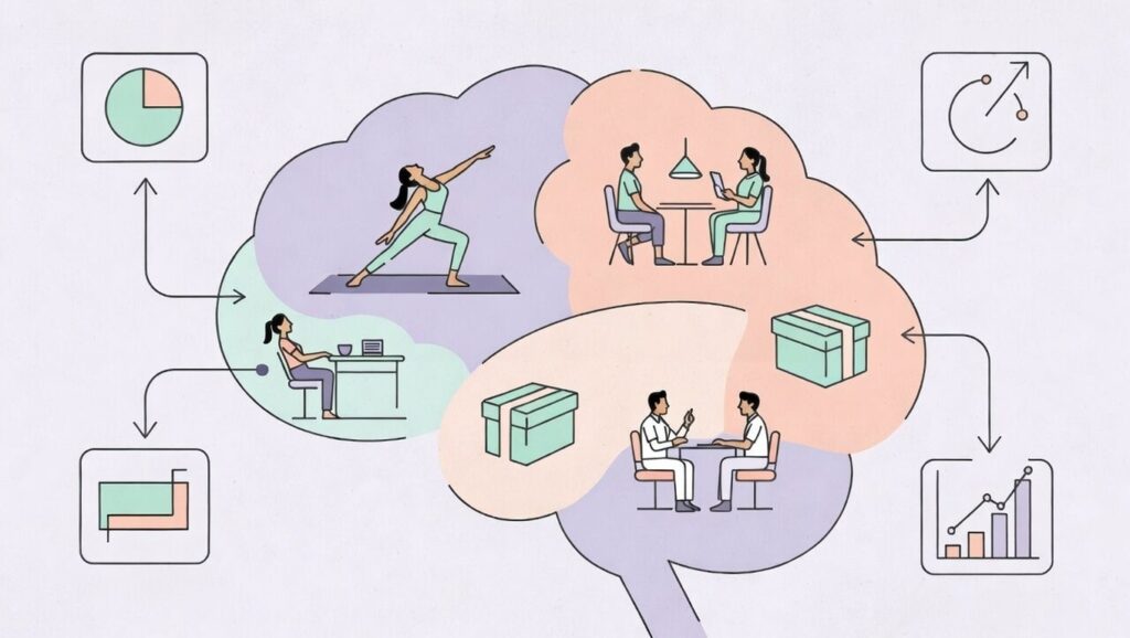 Illustration of brain made of wellness elements showing mental health benefits integration in total rewards programs