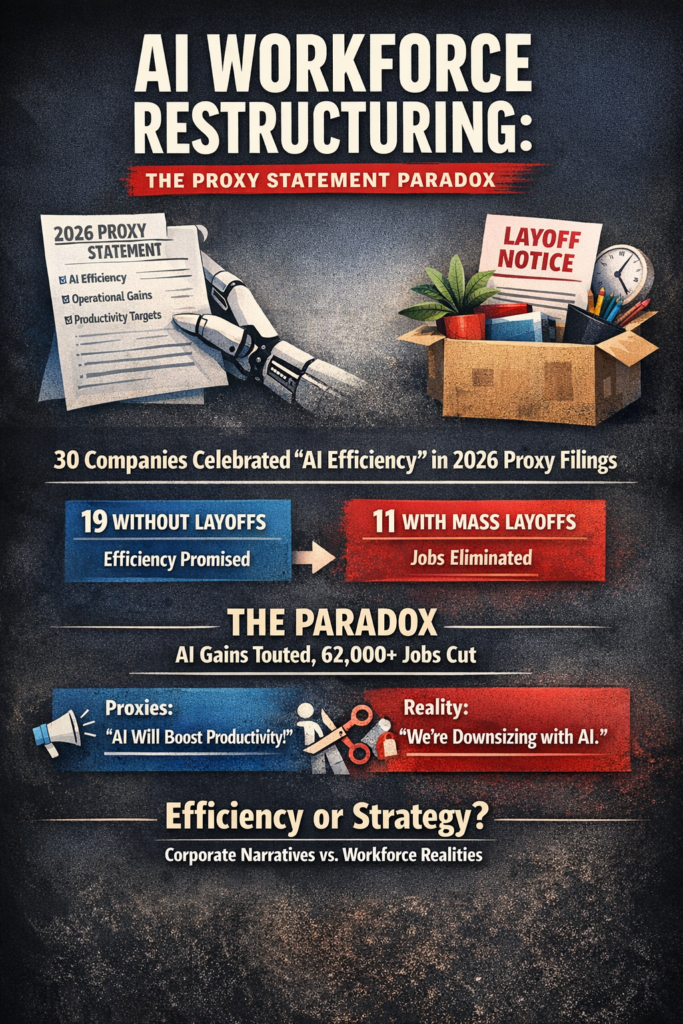 Infographic showing AI workforce restructuring: corporate proxy statements promoting AI efficiency contrasted with layoff notices, highlighting 30 companies citing AI efficiency and 11 announcing workforce reductions totaling over 62,000 jobs.