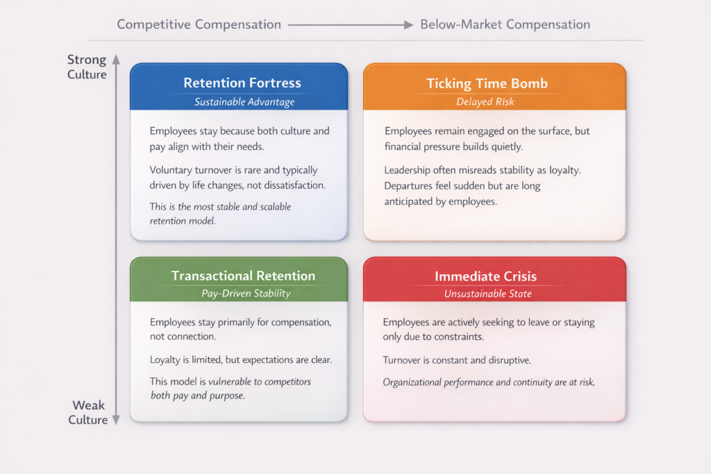 A 2x2 matrix showing four employee retention states based on culture strength (strong to weak, vertical) and compensation competitiveness (competitive to below-market, horizontal). Quadrants are labeled Retention Fortress, Ticking Time Bomb, Transactional Retention, and Immediate Crisis, each with a brief description.