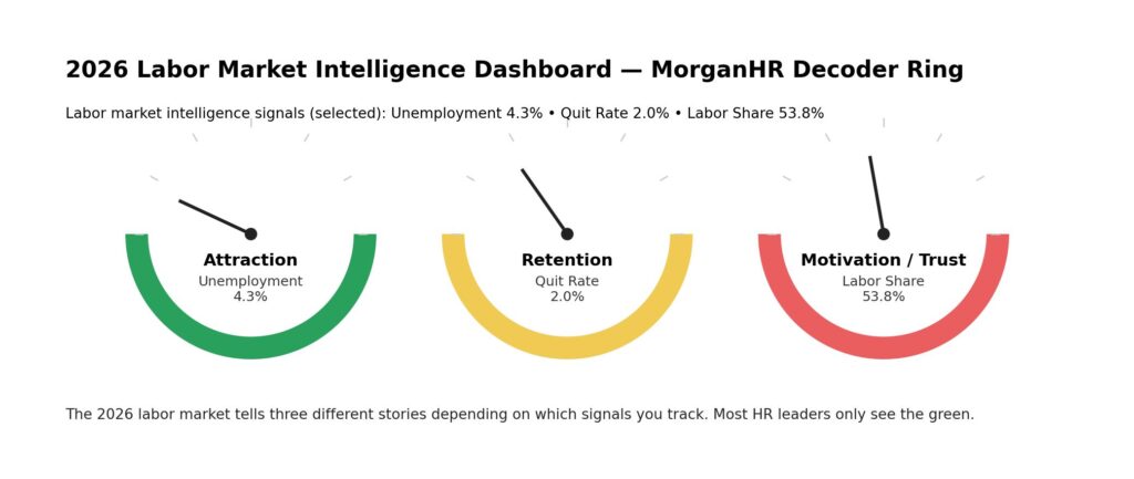 Dashboard showing 2026 labor market intelligence signals: green attraction, yellow retention, red motivation risk.