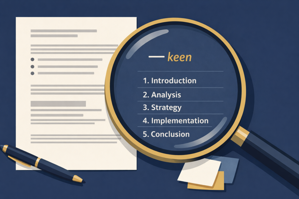 A magnifying glass revealing AI writing tells including an em dash, the word keen, and a five-section structured outline on a professional document