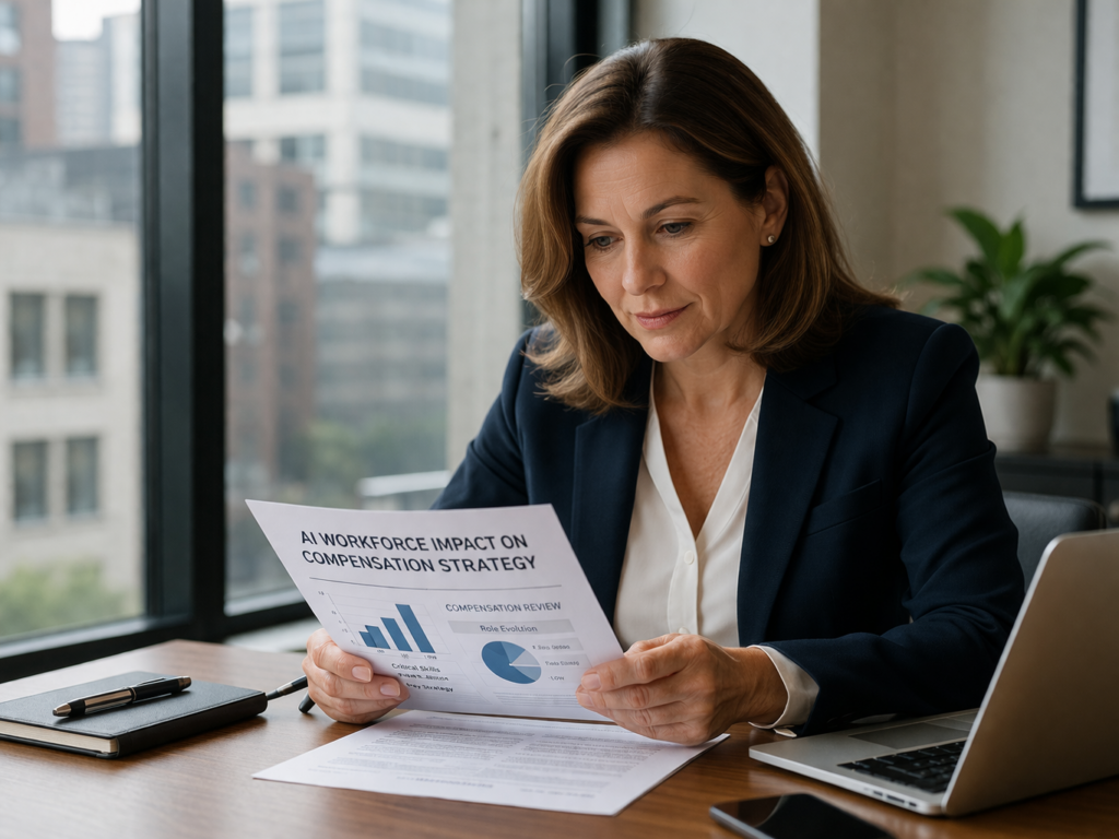 HR leader reviewing AI workforce impact on compensation strategy document at office desk