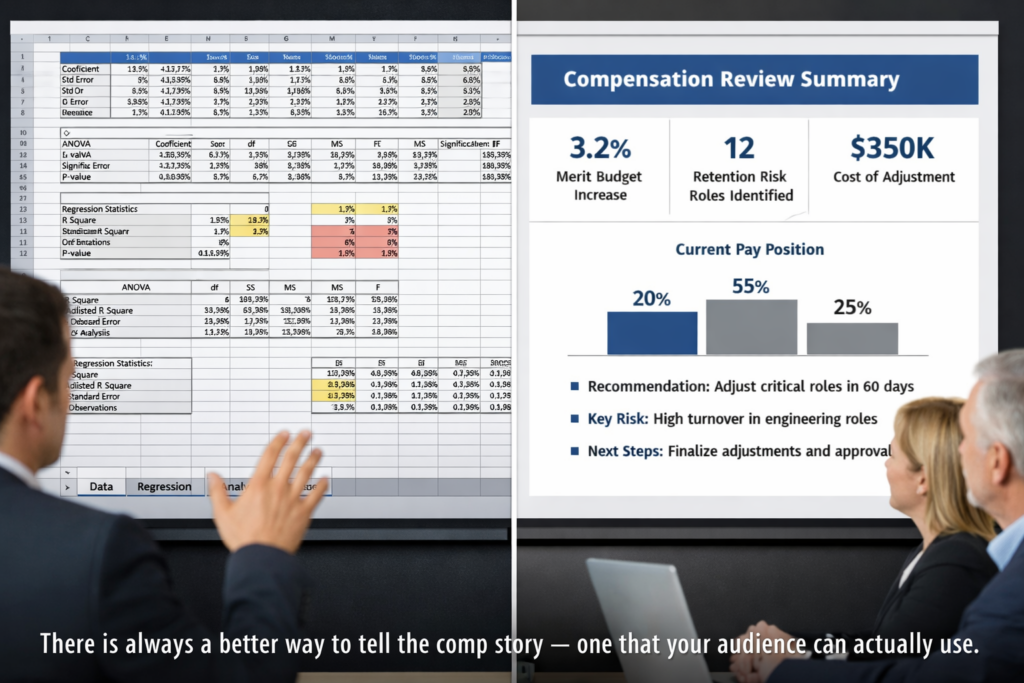 Compensation analyst presenting clear pay data summary to HR leaders instead of a complex regression spreadsheet