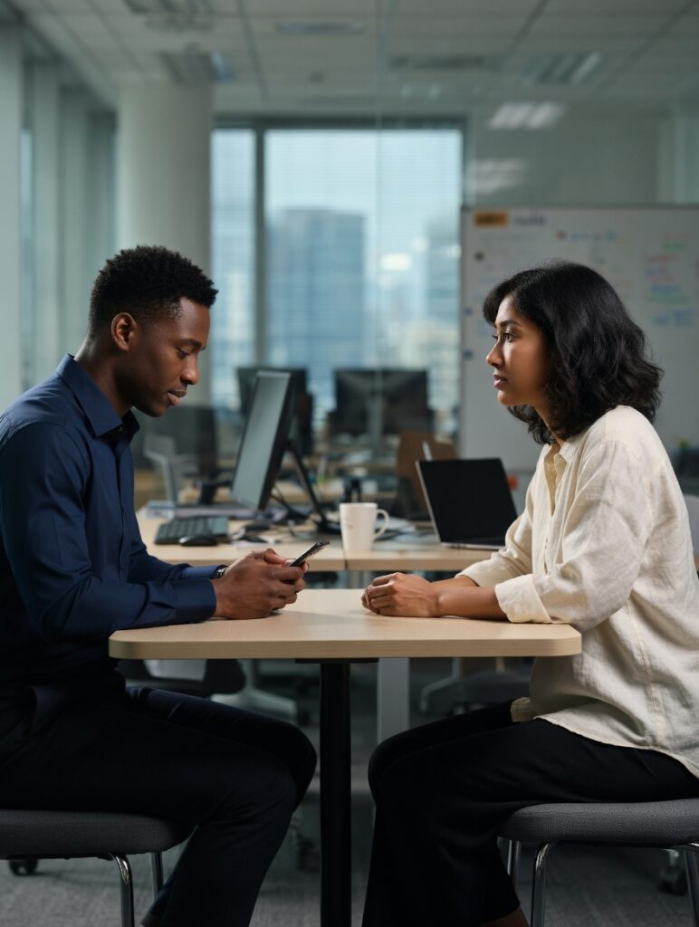 Two colleagues sitting across from each other at an office table, one looking down at a phone while the other waits for eye contact, illustrating workplace disconnection and the companionship gap in HR professional networking.