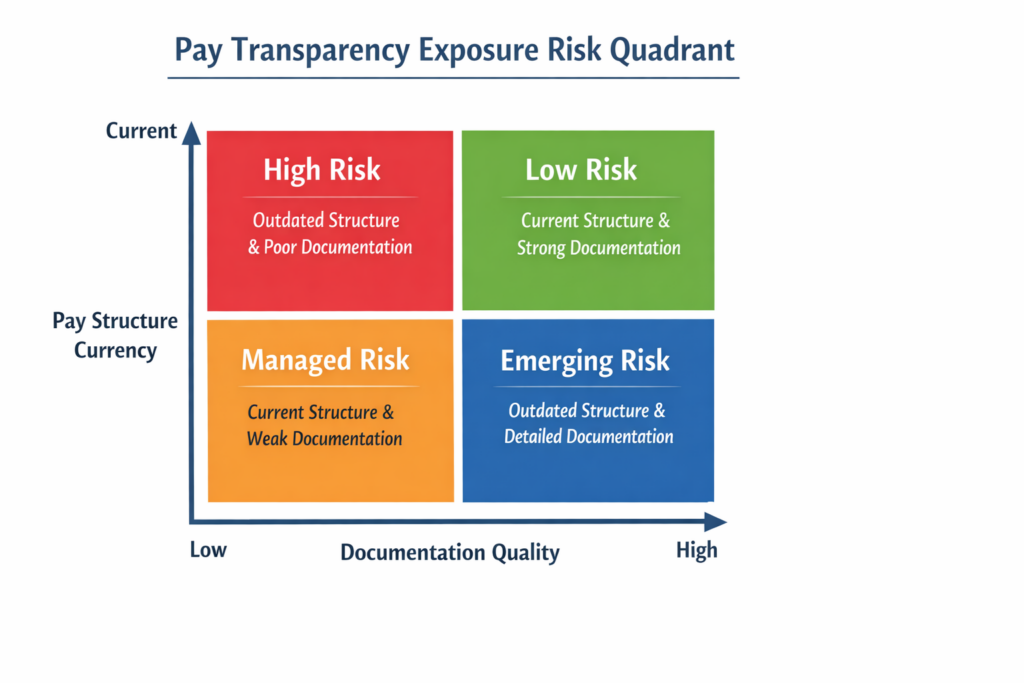 Pay Transparency Exposure Risk Quadrant showing four quadrants by pay structure currency and documentation quality