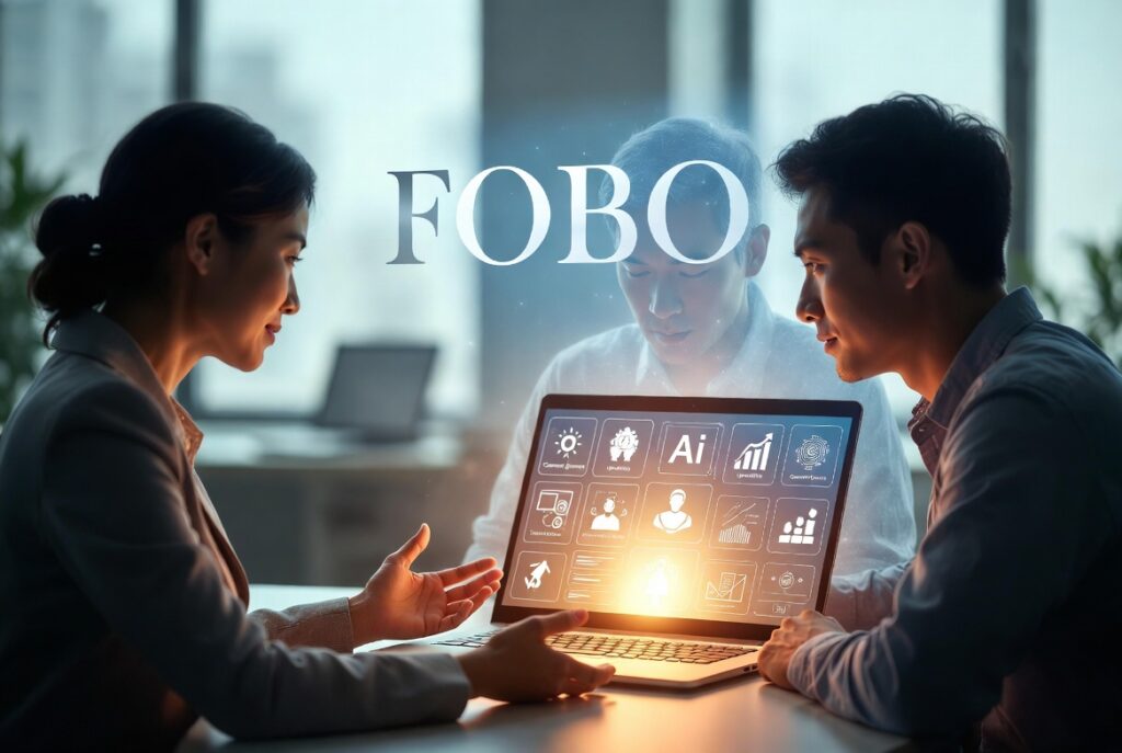 Manager and employee discuss employee fears about AI at a conference table, with a ghostlike figure and fading FOBO acronym representing the Fear of Becoming Obsolete