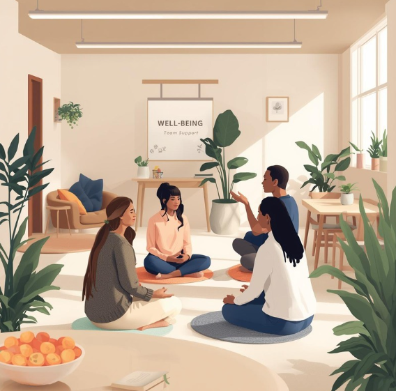 Employees in a workplace wellness session improving mental health benefits ROI through team support