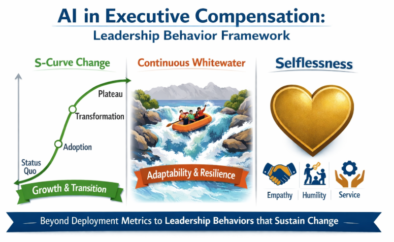 Three-panel framework diagram for AI in executive compensation showing S-curve change model, continuous whitewater adaptability, and selflessness with empathy, humility, and service icons