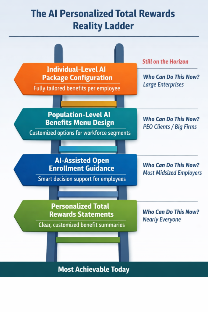Ladder diagram showing four levels of AI personalized total rewards readiness, from personalized total rewards statements at the bottom to individual-level AI package configuration at the top