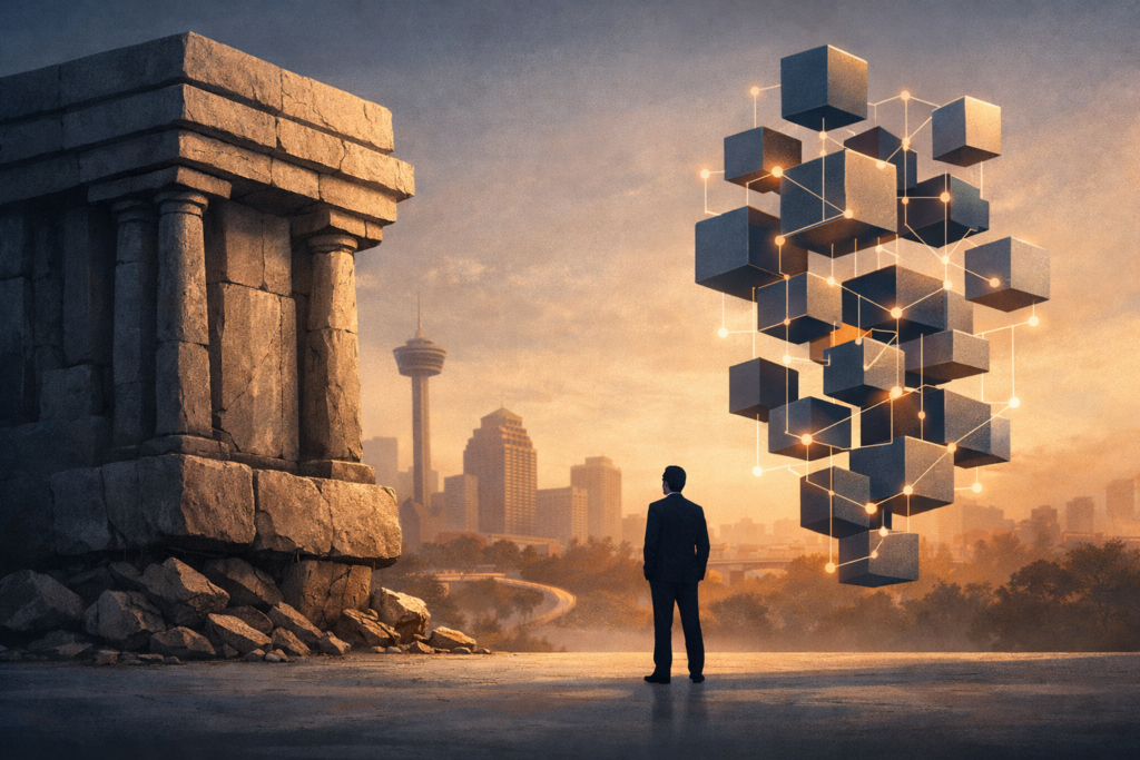 AI workforce transformation illustrated as a stone monolith and a modular floating tower, San Antonio skyline at sunset