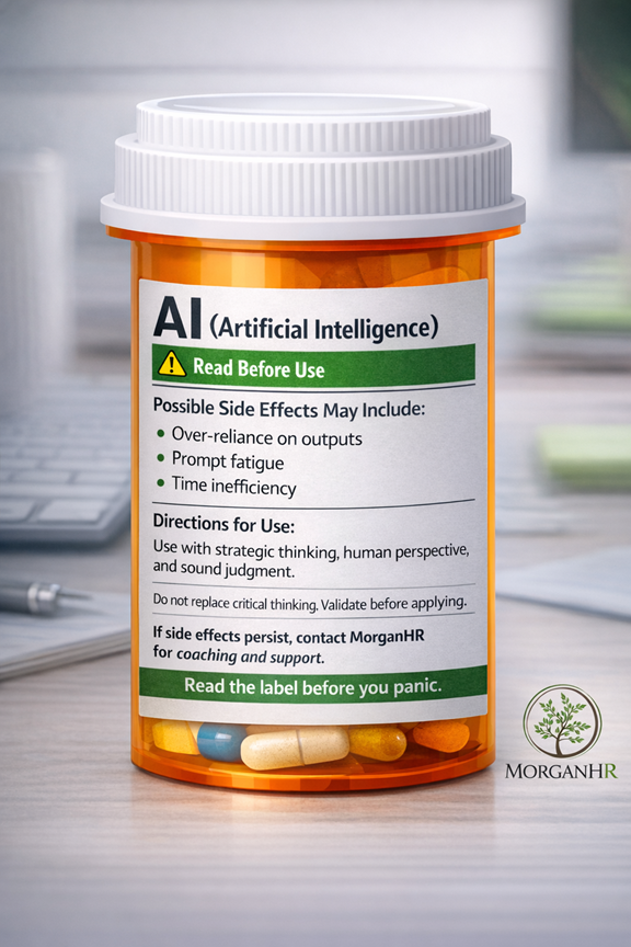 Prescription bottle with an AI warning label listing side effects of working with AI, including over-reliance, prompt fatigue, and time inefficiency
