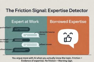 Two-panel comparison showing the difference between an expert at work and borrowed expertise when using AI for compensation analysis. The expert panel displays multiple back-and-forth exchanges labeled pushed back, demanded source, corrected the hedge, and refined answer, while the borrowed expertise panel shows a single AI response with a thumbs-up accepting it. The visual demonstrates that friction with AI is evidence of genuine expertise, while frictionless acceptance is a warning sign.