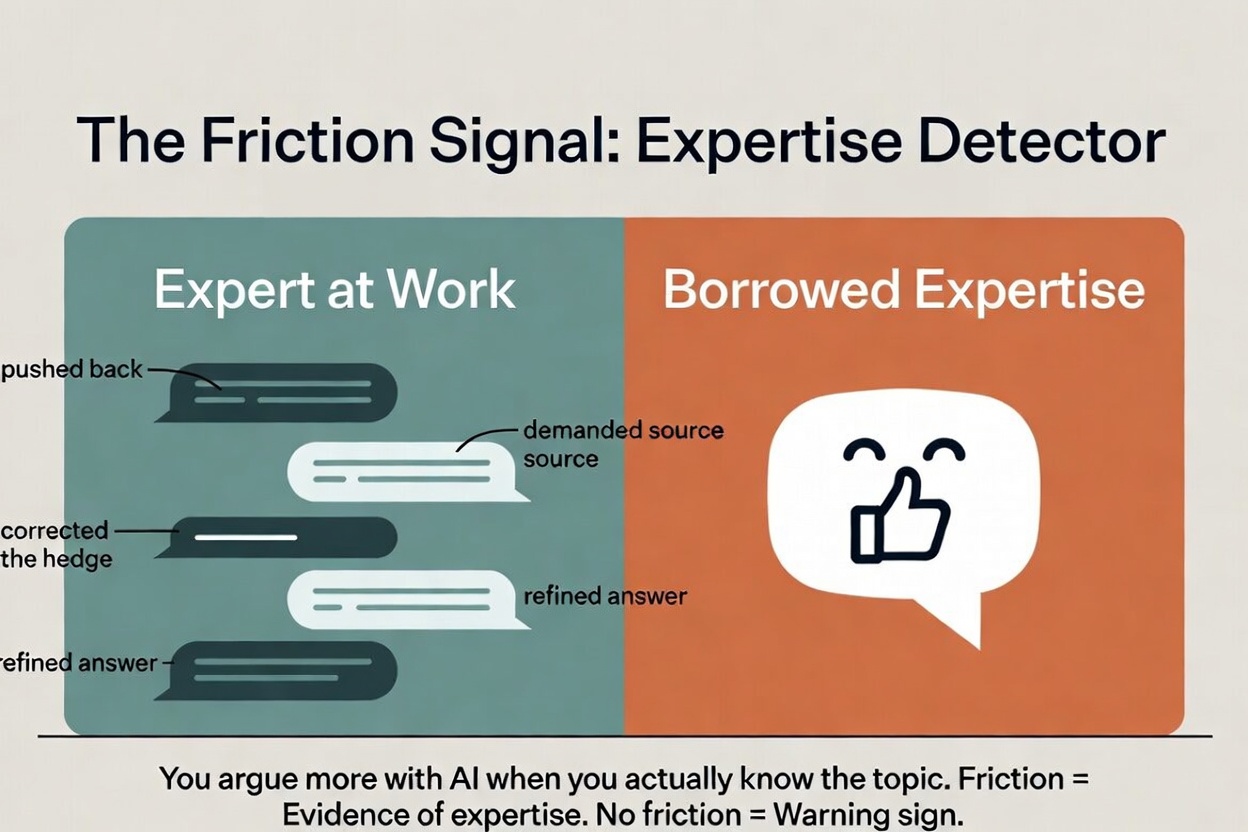 Two-panel comparison showing the difference between an expert at work and borrowed expertise when using AI for compensation analysis. The expert panel displays multiple back-and-forth exchanges labeled pushed back, demanded source, corrected the hedge, and refined answer, while the borrowed expertise panel shows a single AI response with a thumbs-up accepting it. The visual demonstrates that friction with AI is evidence of genuine expertise, while frictionless acceptance is a warning sign.