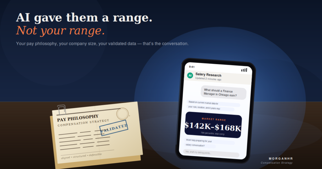 AI salary research tool on phone showing $142K-$168K market range next to validated MorganHR pay philosophy document