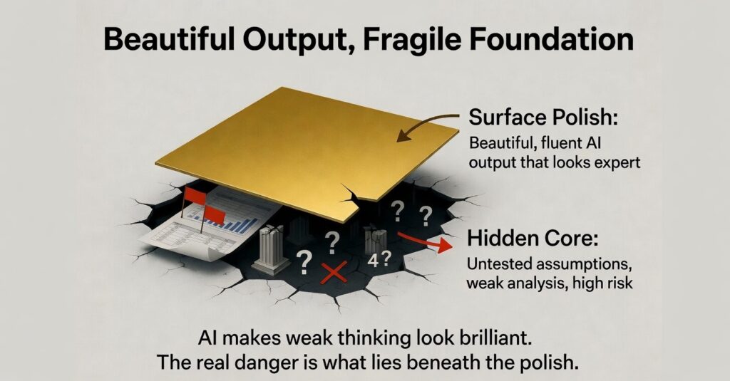 Conceptual hero image illustrating compensation data slinging: a polished gold surface lifting to reveal a cracked foundation underneath with question marks and red error symbols. Labels identify the surface as beautiful, fluent AI output that looks expert, and the hidden core as untested assumptions, weak analysis, and high risk. The visual communicates that AI makes weak compensation thinking look brilliant while the real danger lies beneath the polish.