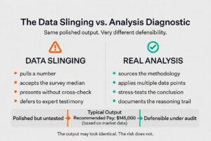 Comparison diagram contrasting compensation data slinging with real analysis: data slinging pulls a number, accepts the survey median, presents without cross-check, and defers to expert testimony, while real analysis sources the methodology, applies multiple data points, stress-tests the conclusion, and documents the reasoning trail.