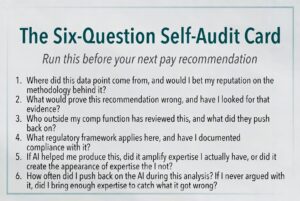 Six-question self-audit card for compensation professionals to run before any pay recommendation goes to committee. The questions test where data came from and whether the methodology is defensible, what would prove the recommendation wrong, who outside the comp function has reviewed it, what regulatory framework applies, whether AI amplified real expertise or created the appearance of it, and how often the analyst pushed back on AI during the analysis.