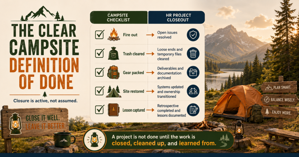 Camping-themed checklist showing campsite closeout tasks mapped to HR project closeout steps, emphasizing that project closure is active, not assumed.