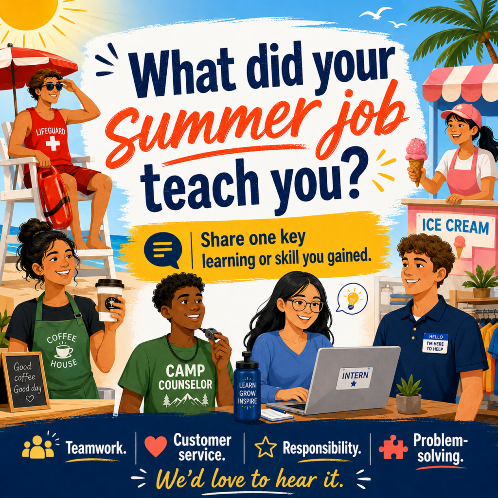 Illustrated summer workers including a lifeguard, barista, camp counselor, intern, and ice cream and retail staff under the headline "What did your summer job teach you," with summer job skills listed below