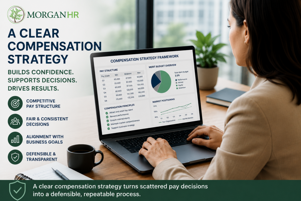 HR director reviewing a compensation strategy framework on a laptop
