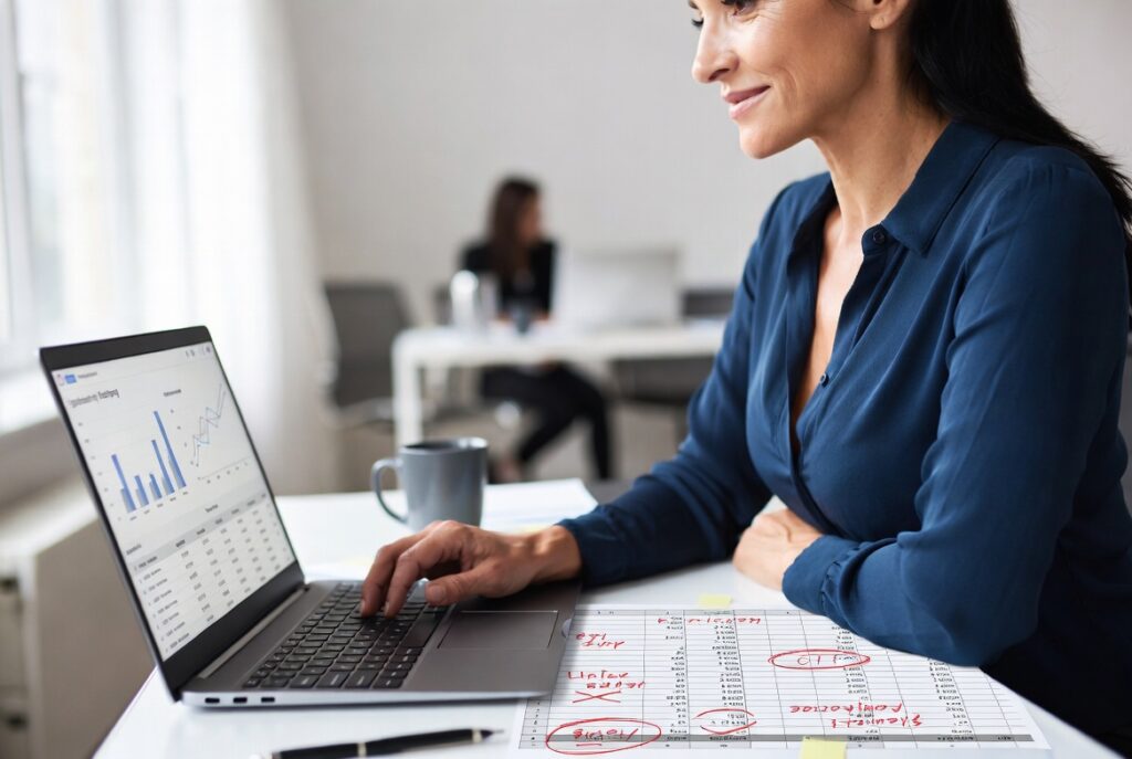 HR director reviewing merit cycle data on a laptop beside a printed spreadsheet